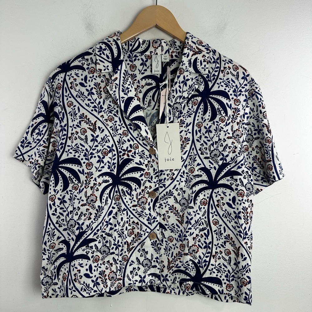 NWT Joie Linen Blend Short Sleeve Button Down Cropped Top/Blouse Floral Small